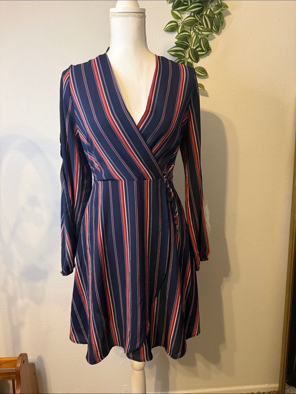 Monteau Navy Wrap Dress with Red & White Stripes